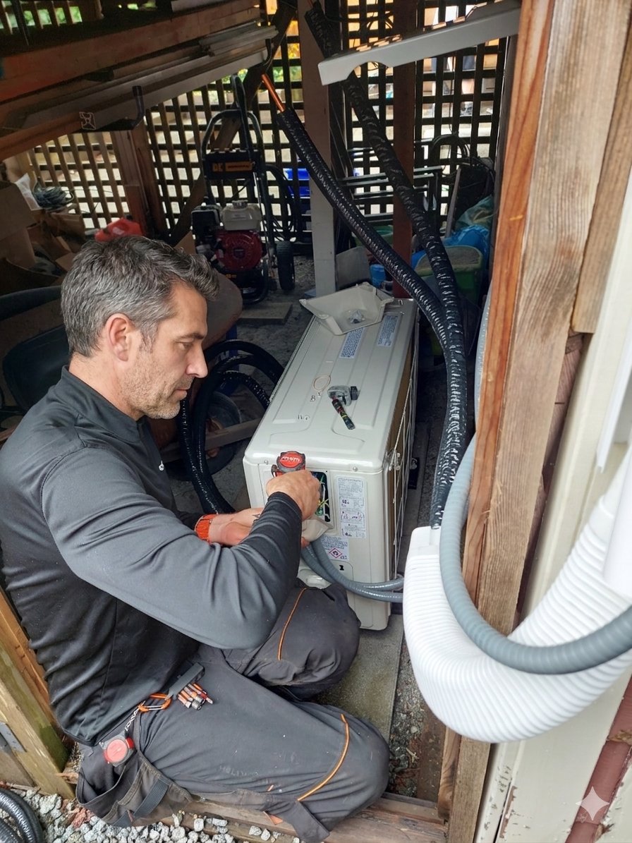 Cedar Air Red Seal certified technician installing a ductless mini-split heat pump at a residential property in British Columbia